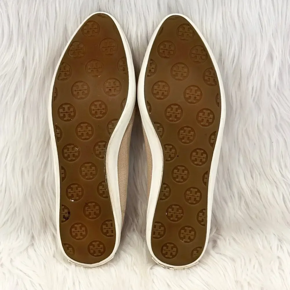 Tory Burch Dakota Flats Sneaker Canvas Leather Bow Logo Shoes, Tan/ Gold